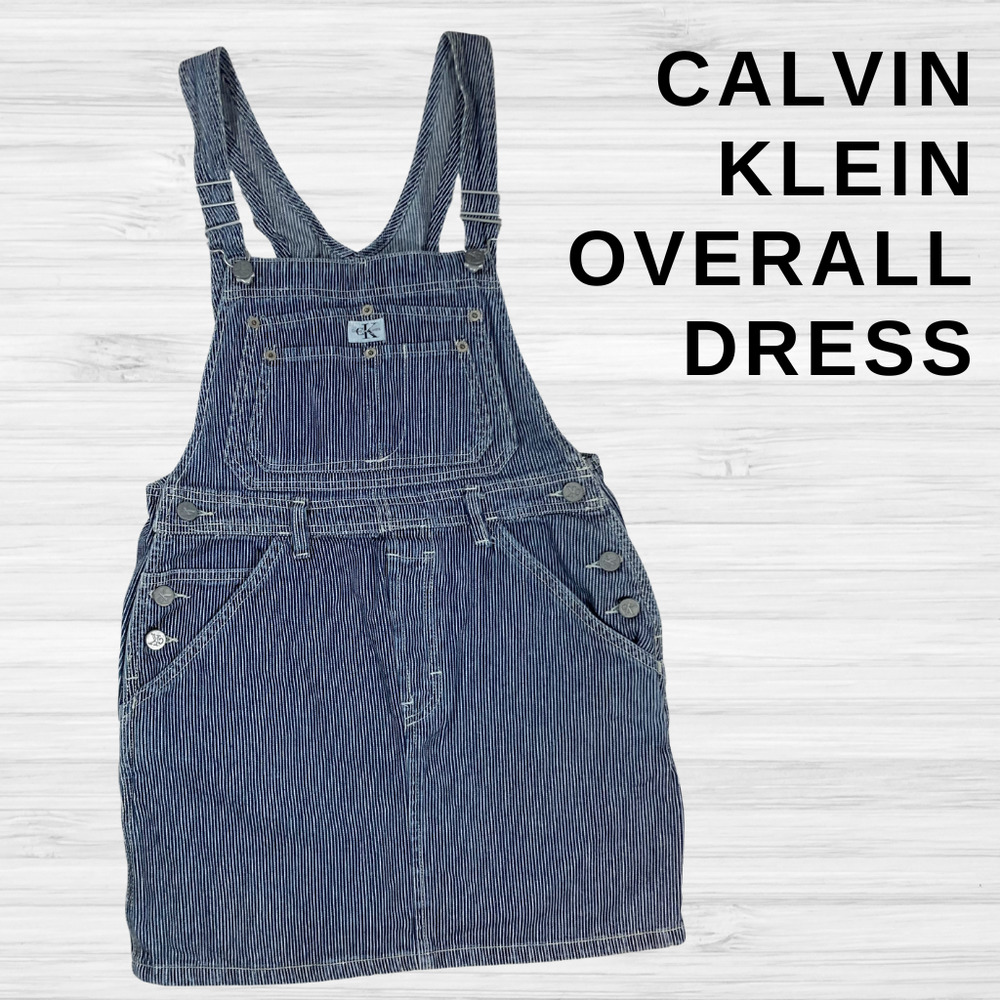 Vintage Girls LARGE Calvin Klein Denim -Blue and White Stripe Jean Overall Dress